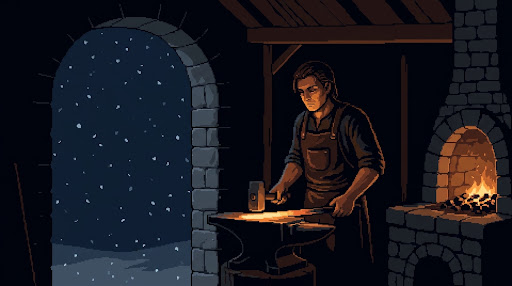 Blacksmith forging tempered steel on an anvil during cold snowfall